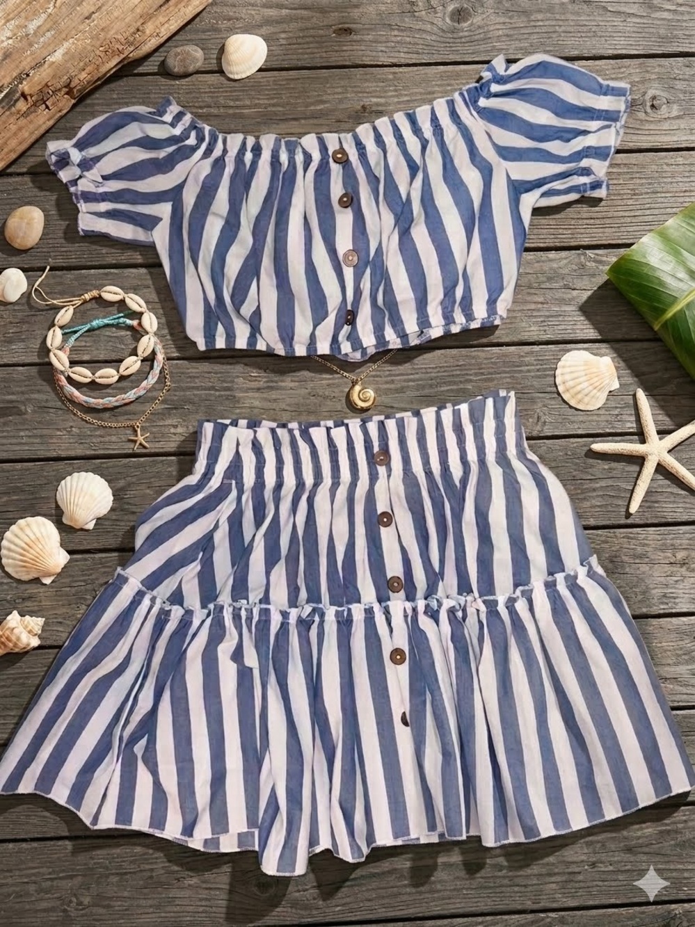 SHEIN Blue and White Striped Two-Piece Skirt Set